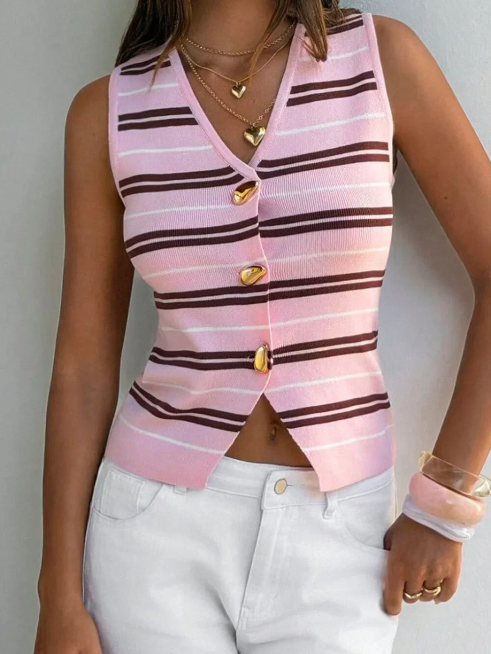 Pink Casual Women's Contrast Color Striped Pattern Sleeveless Knit Vest